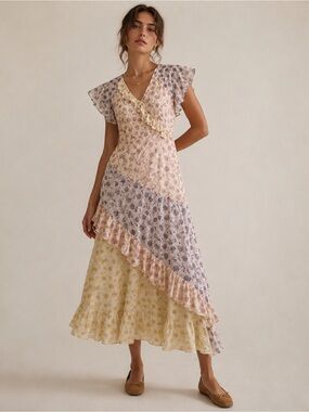Joie Orita B 100% Silk Patchwork Floral Ruffle Midi Dress Cottagecore